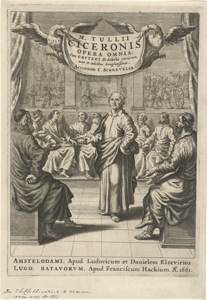 Cicerón y figuras discutiendo Página de título para: Cicerón, opera omnia, 1661 de Theodor Matham