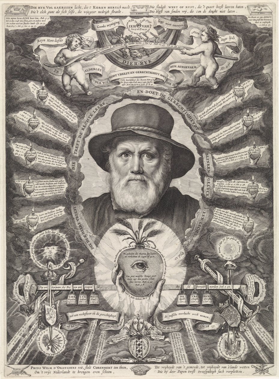 Retrato de Dirck Volckertsz. Ciervo Coorn en marco alegórico de Theodor Matham