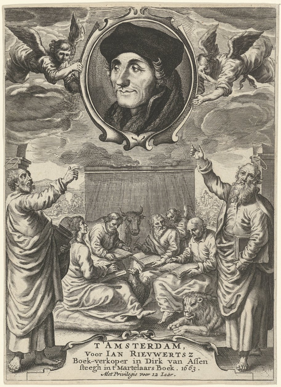 Retrato de Erasmo sobre cuatro evangelistas de Theodor Matham