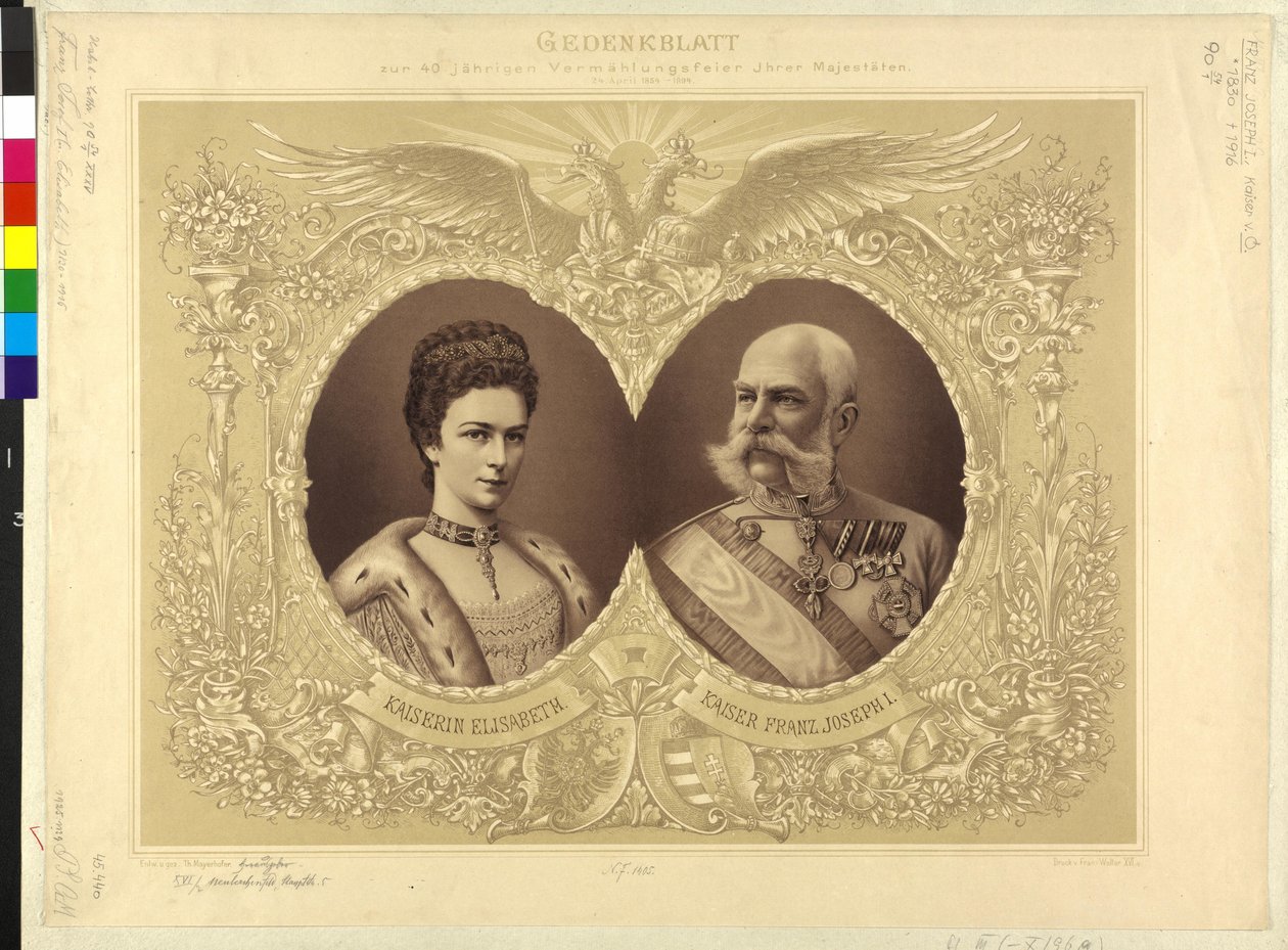 Emperador de Austria con familia Papel conmemorativo de los 40 años de edad ceremonia nupcial su Majestad 24. abril 1854 1894 de Theodor Mayerhofer