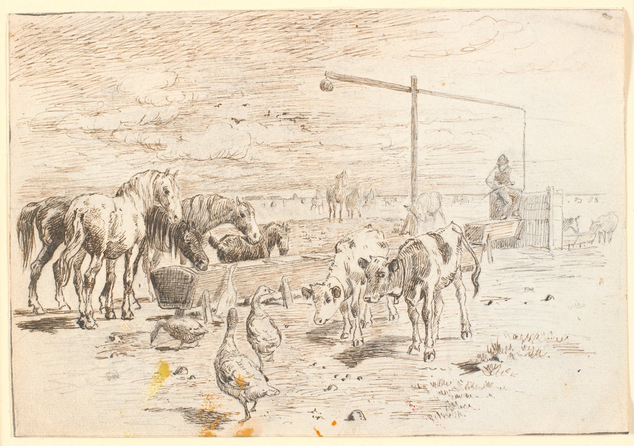 Caballos, terneros y gansos en el pozo holandés en Saltholm de Theodor Philipsen