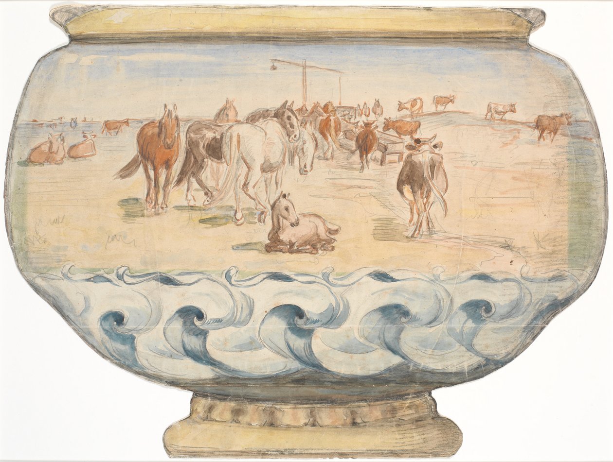 Caballos y vacas en Hollænderbrønden en Saltholm (boceto para ponchera) de Theodor Philipsen