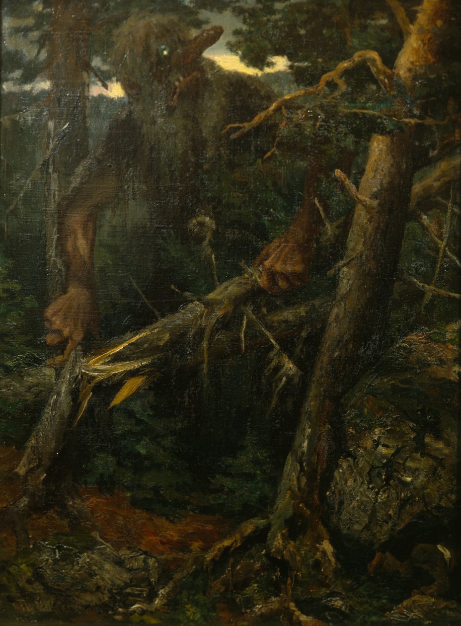 Viejo troll rompiendo árboles en el bosque de Theodor Kittelsen