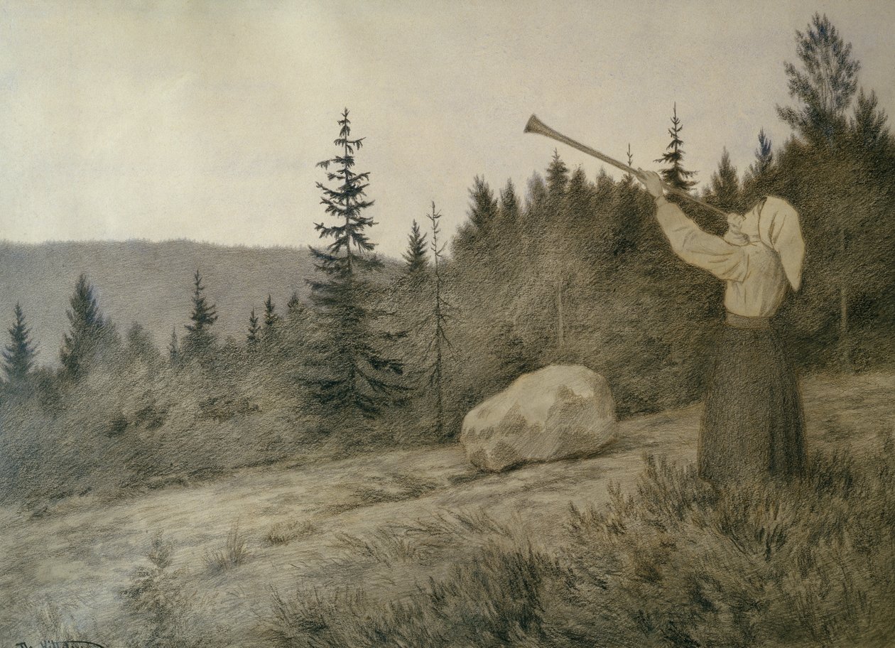 Debajo de la montaña suena un instrumento de viento de madera de Theodor Kittelsen