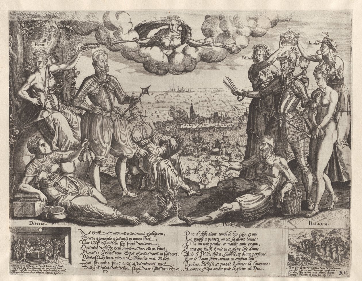 Comparación entre Oranje y Alva, con la Furia española de fondo, hacia 1577 de Theodor de Bry (attributed to)