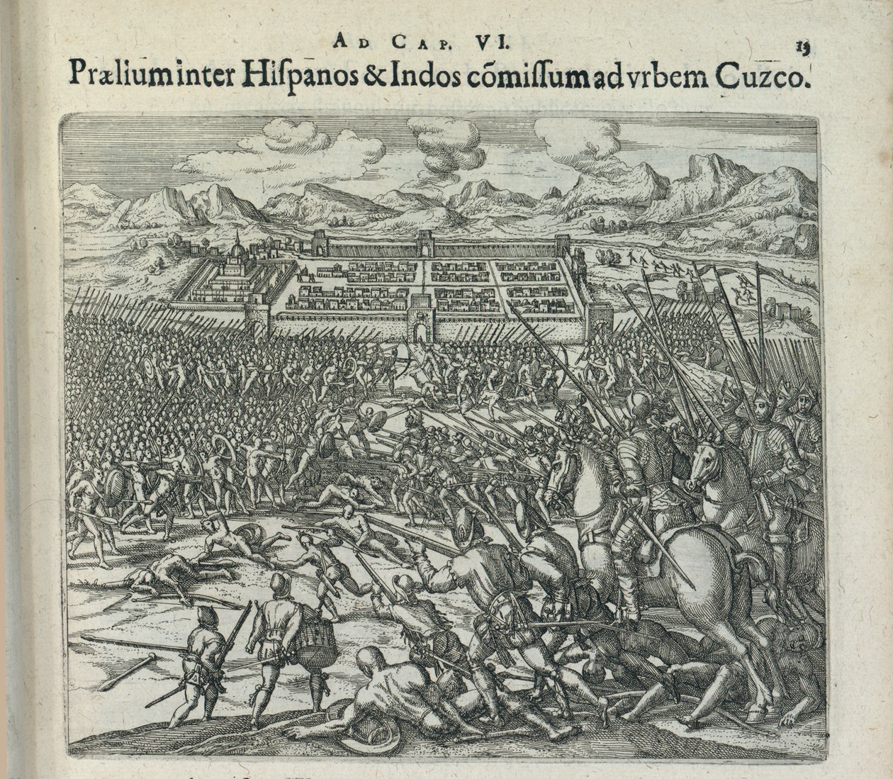 Batalla entre los españoles y los indios en las puertas de Cuzco, 1596 de Theodor de Bry