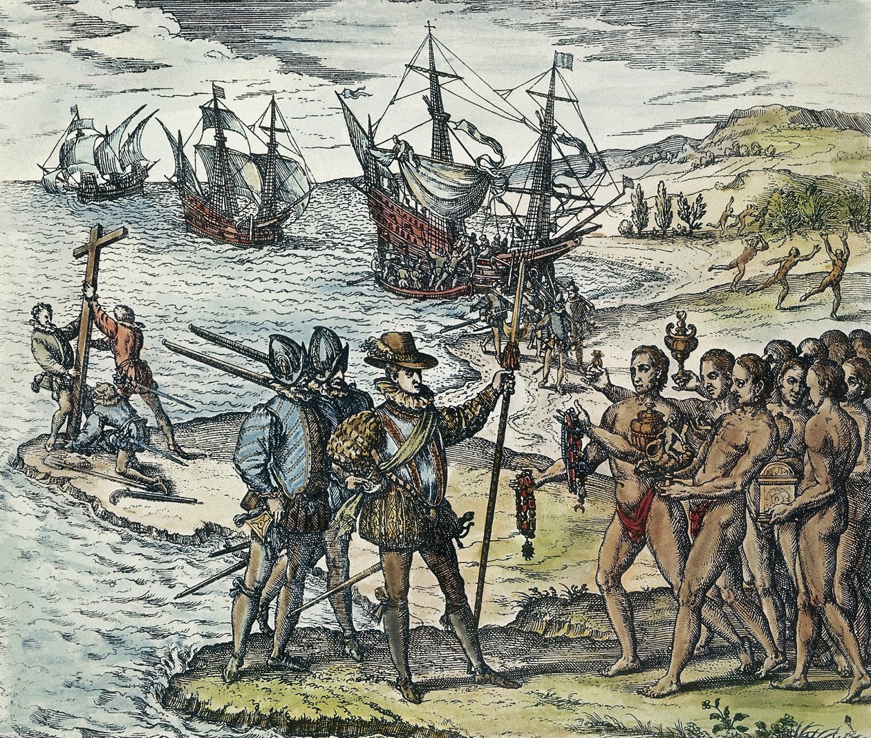 Desembarco de Colón en las Indias. 1594 (xilografía) de Theodor de Bry
