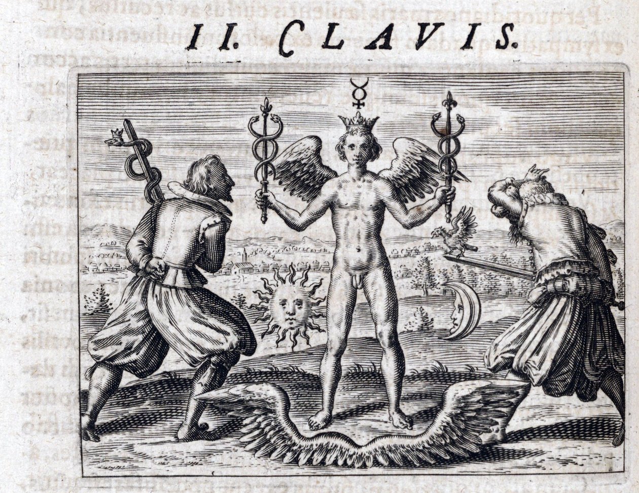 Composición simbólica de la alquimia, un joven desnudo, ala y corona, blande dos caduceos, rodeados por la Luna y el sol, frente a hombres armados con espadas que portan un águila y una serpiente - Grabado de Theodore de Bry (1528 -1598), para el tratado d de Theodor de Bry