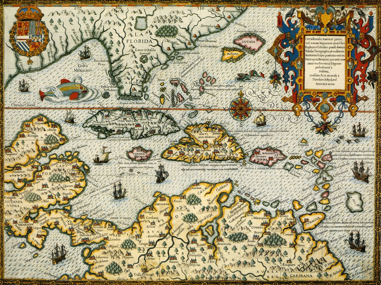 Mapa DeBry del Caribe y Florida1594 de Theodor de Bry