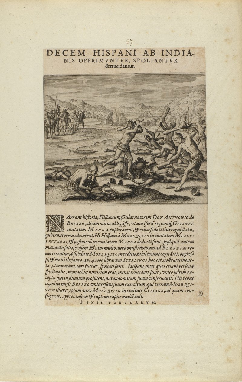 Decem Hispani ab India-/nis Opprimuntur, Spoliantur/and Trucidantur. (del libro, Americae, partes séptima y octava) de Theodor de Bry
