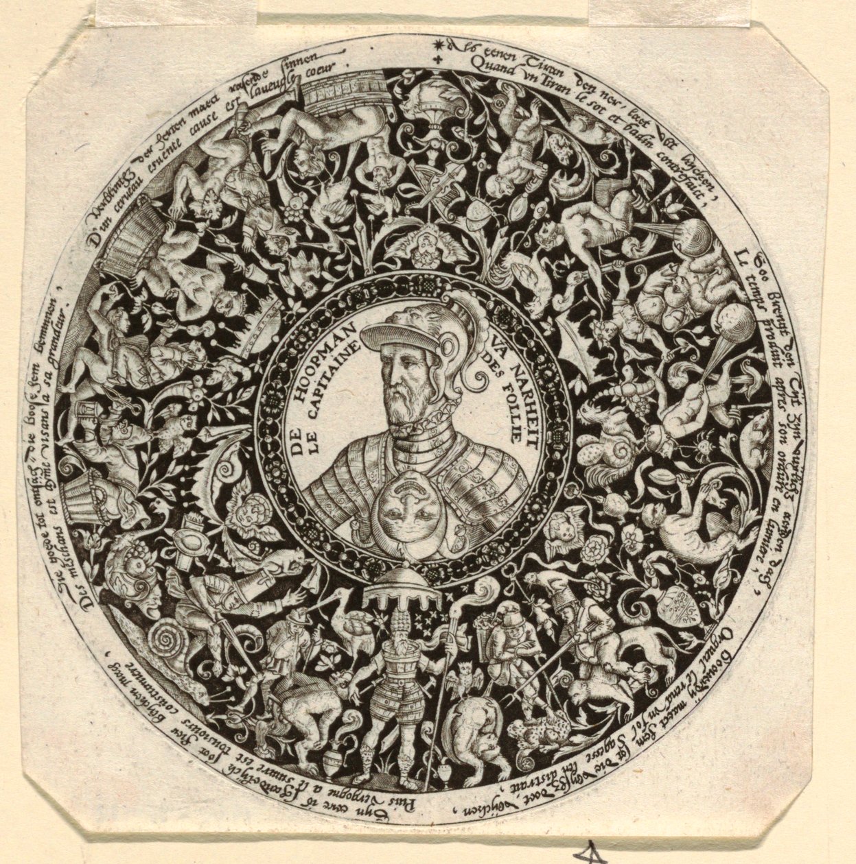 Diseño para una taza grabada con un retrato del Duque de Alba como comandante de la locura de Theodor de Bry