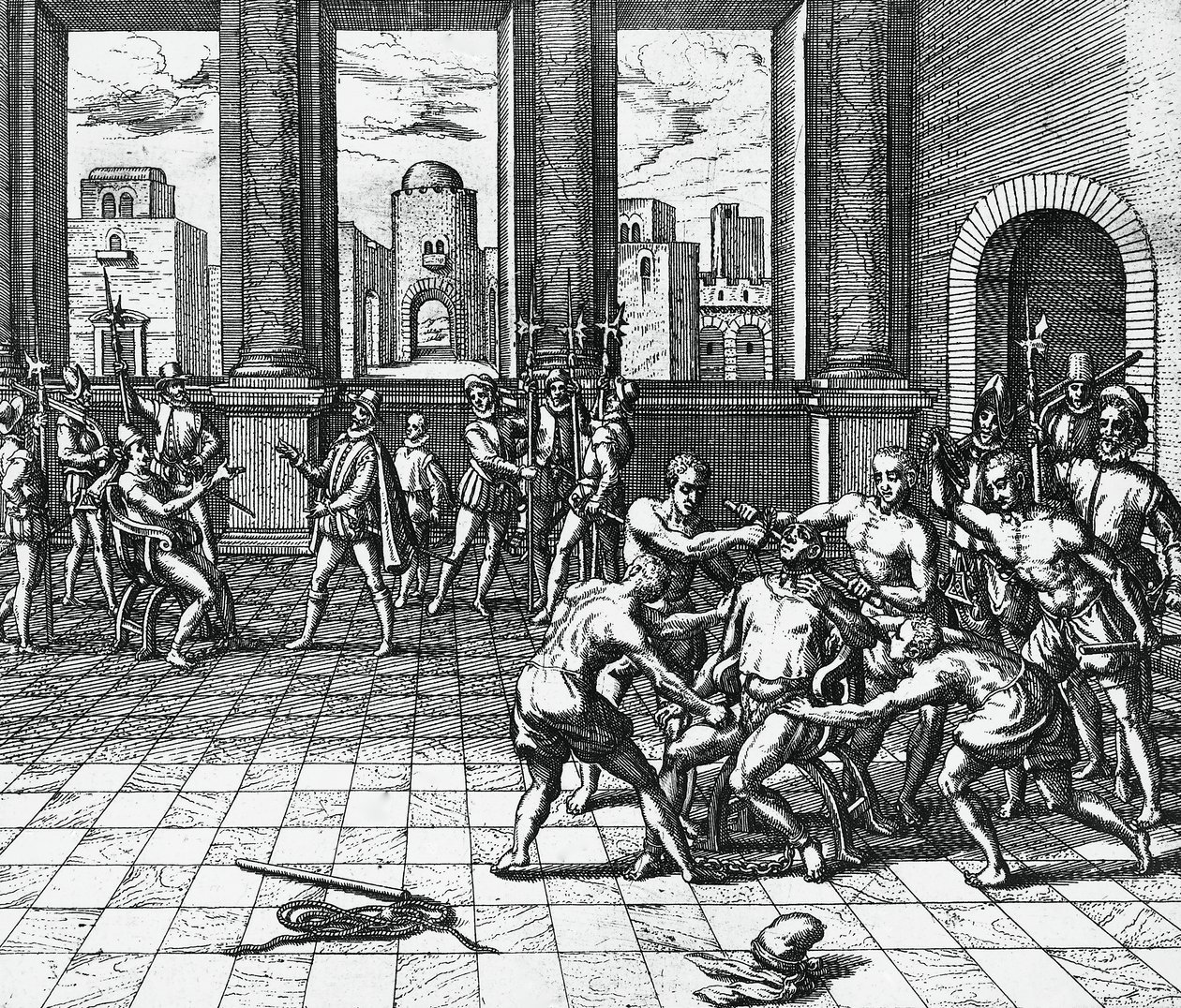 El emperador inca Atahualpa es garroteado por las tropas de Pizarro, 26 de julio de Theodor de Bry