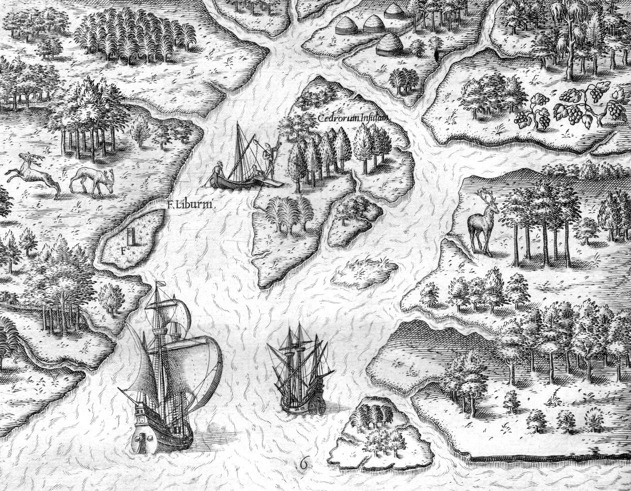 Jean Ribault erige una columna con las armas del rey de Francia en Charlesfort de Theodor de Bry