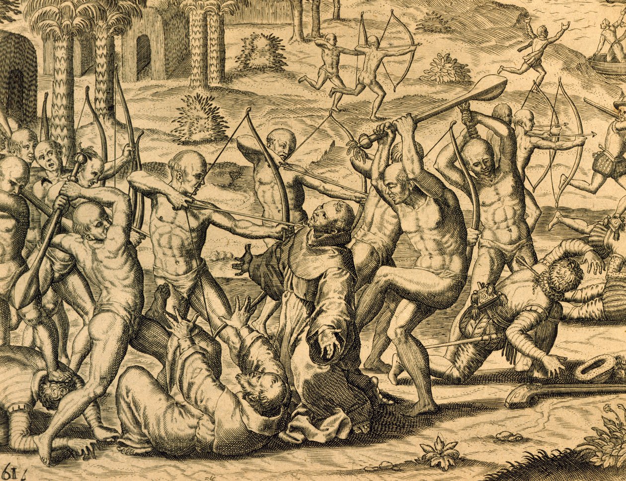 Martirio de los monjes misioneros en América del Sur, grabado de Historia americae, de Theodor de Bry (1528-1598), Frankfurt de Theodor de Bry