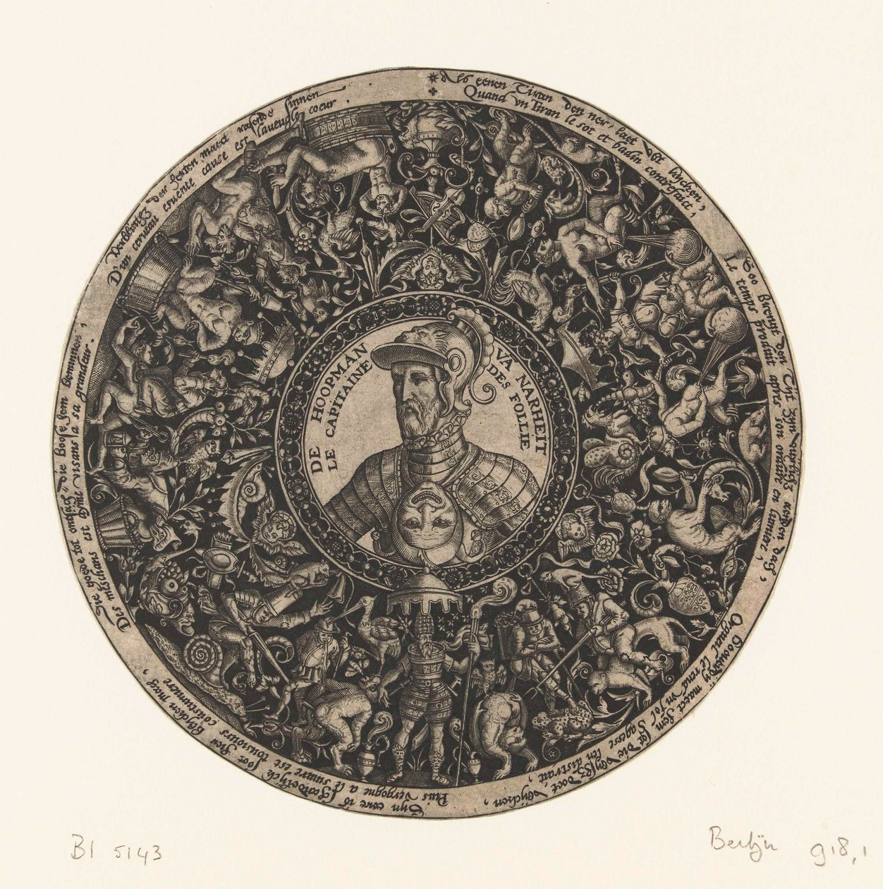 Medallón con busto del Capitán de la Locura, Theodor de Bry, c. 1577 - c. 1578 de Theodor de Bry