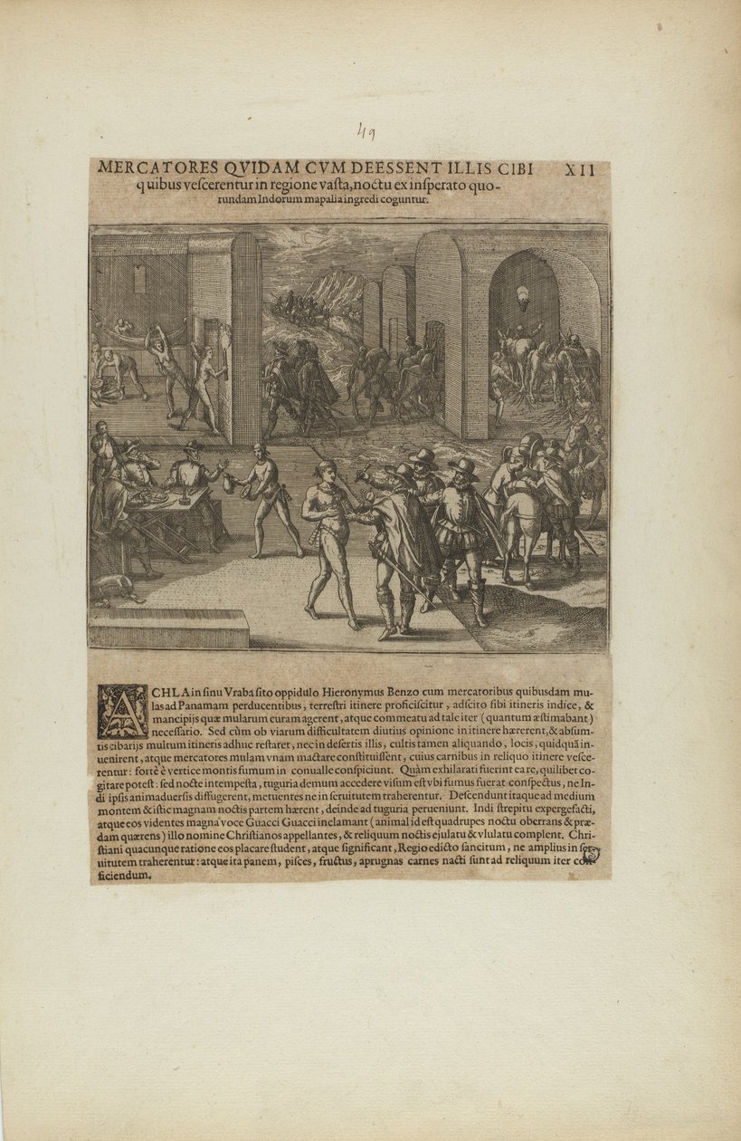 Mercatores Quidam cum Deessent Illis Cibi/Quibus Vescerentur in.... (del libro Americae, quinta parte) de Theodor de Bry