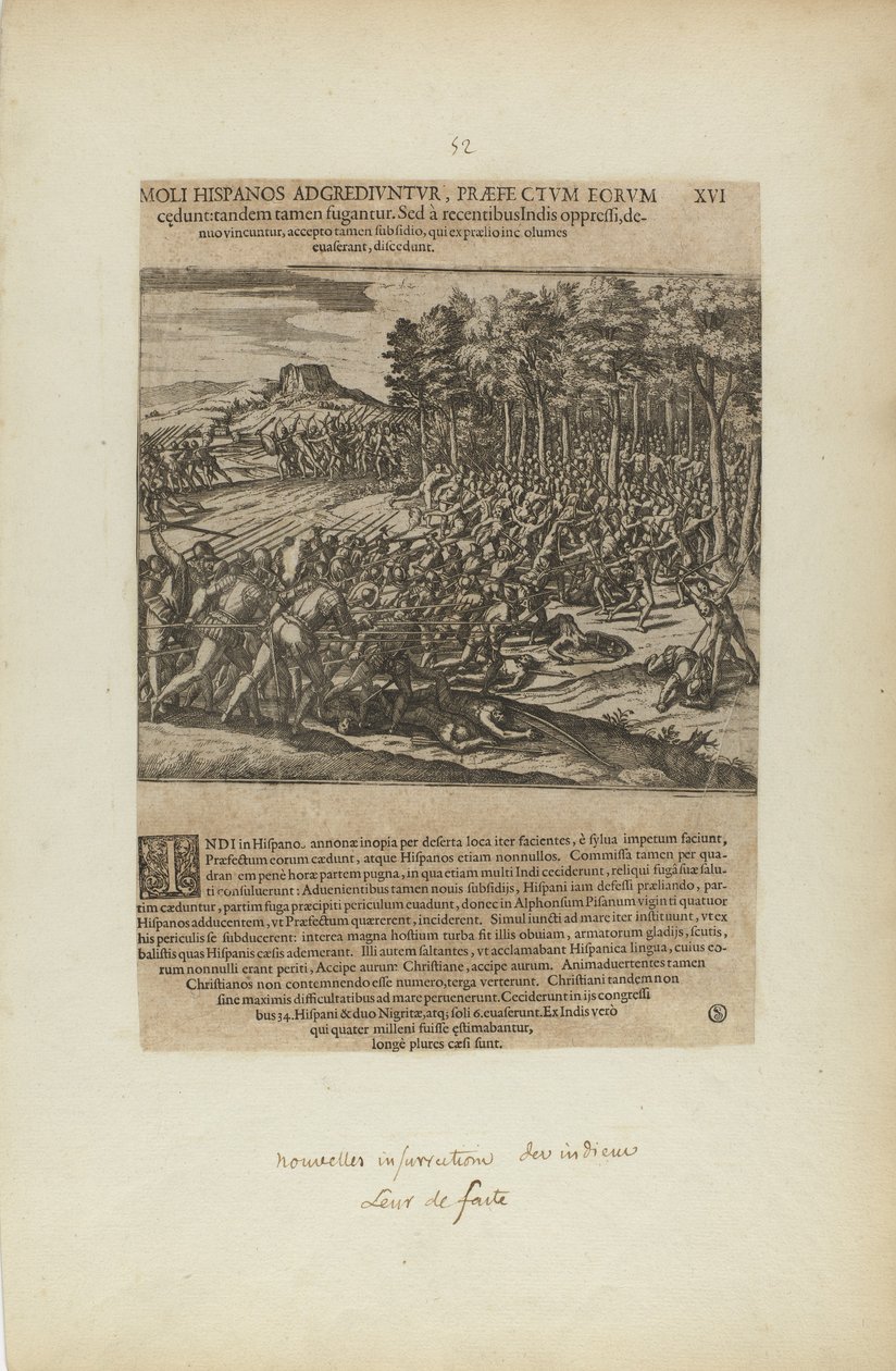Moli Hispanos Adgrediuntur, Praefe Ctum Eorum/Cedunt: Tandeum.... (del libro, Americae, quinta parte) de Theodor de Bry