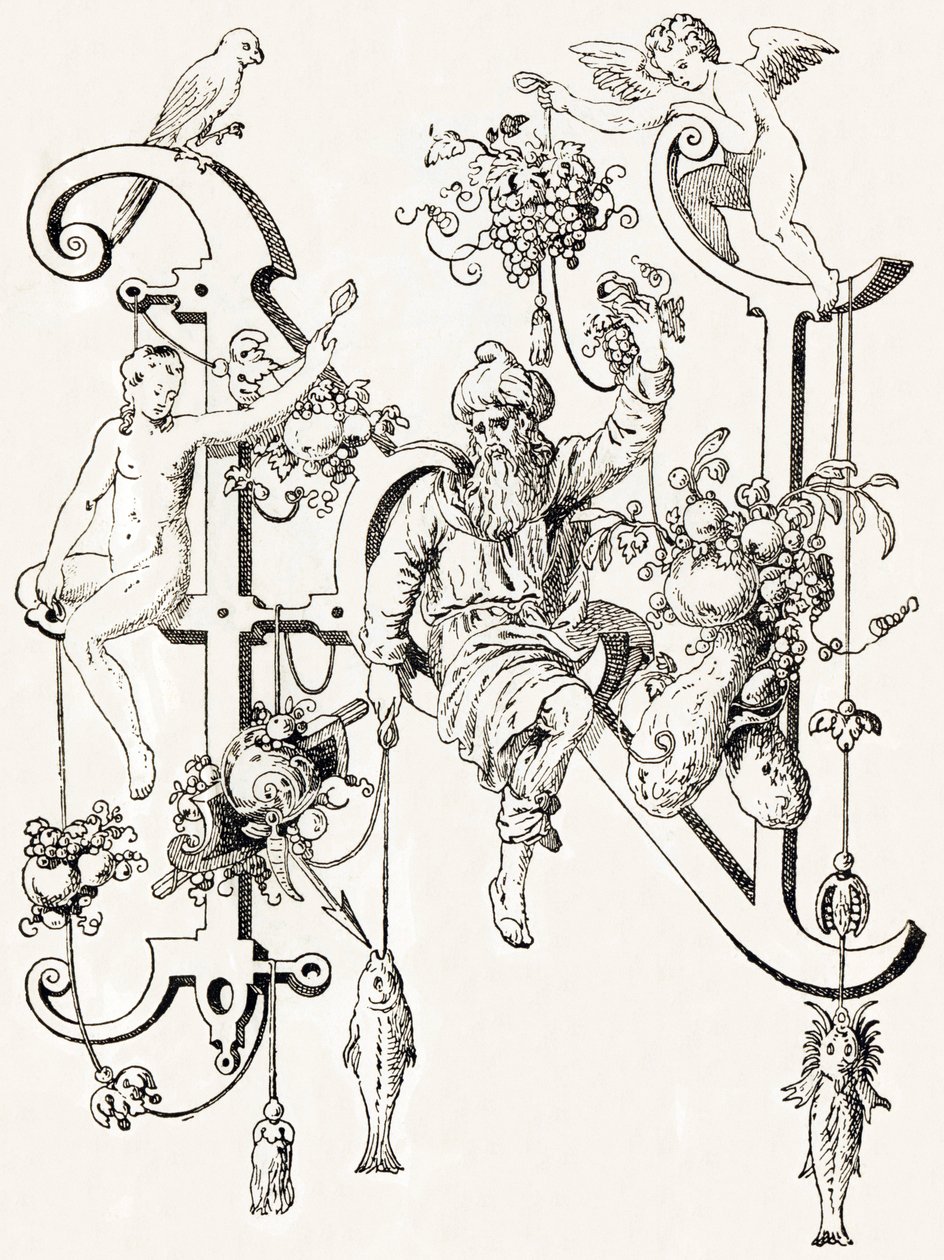 N - El sabio Natham - Alfabeto de T. de Bry (nuevo alfabeto artístico) de Theodor de Bry