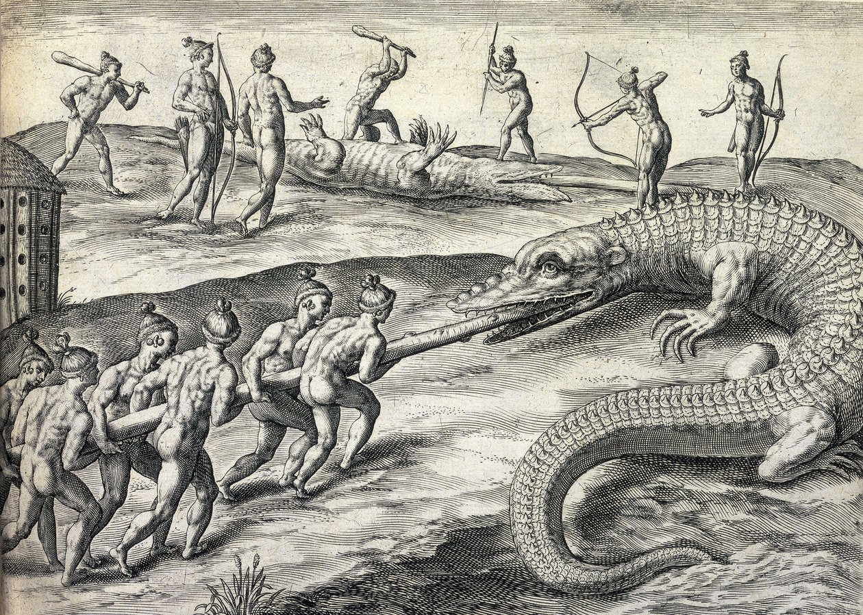 Nativos americanos desnudos cazando caimanes en Florida, EE. UU. de Theodor de Bry