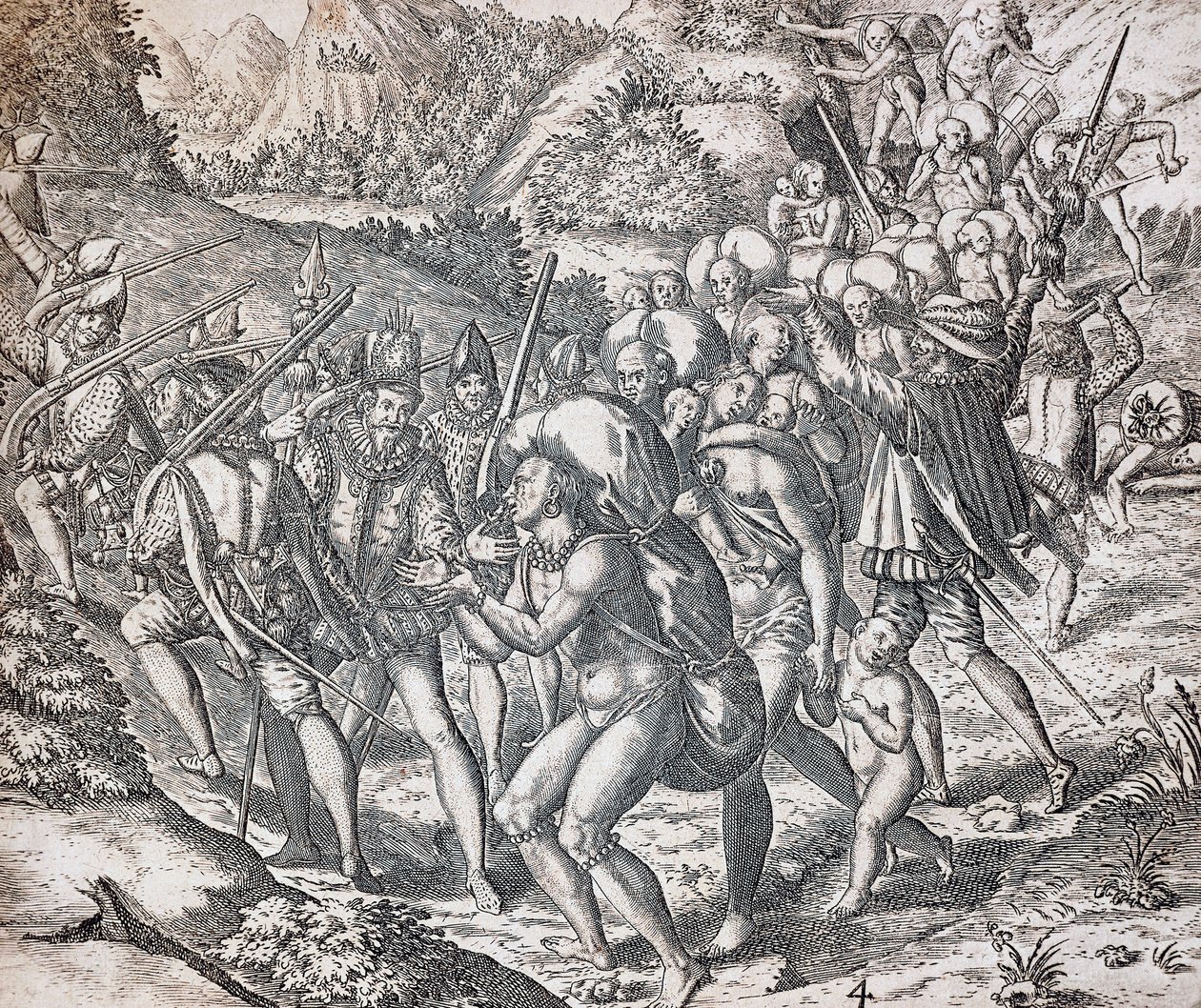 Nativos subidos a los barcos para ser llevados a la esclavitud en Sevilla, grabado de Theodor de Bry (1528-1598), Antillas de Theodor de Bry