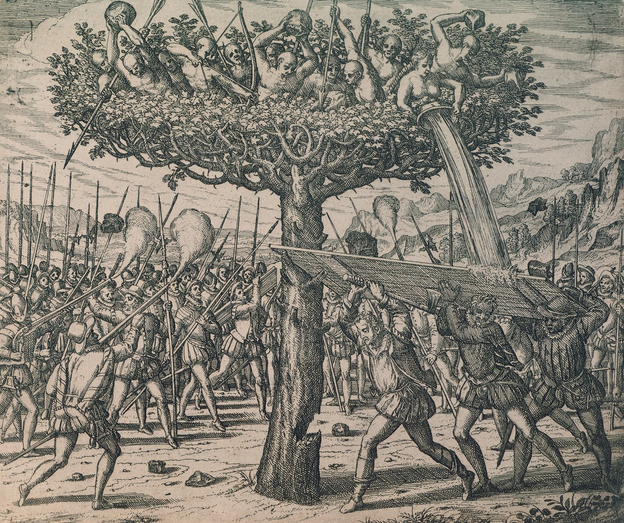 Nativos escondidos en los árboles luchando contra los conquistadores de Theodor de Bry