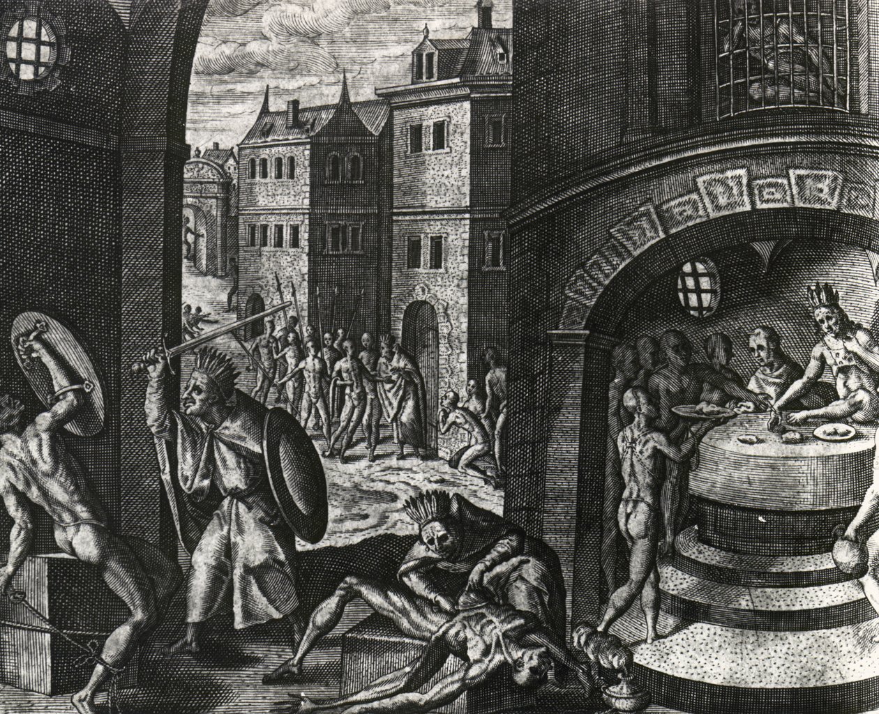 Sacerdote mata a la víctima de una falsa pelea y luego despelleja el cuerpo, México, grabado de Peregrinationes, de Theodor de Bry (1528-1598), América Central de Theodor de Bry