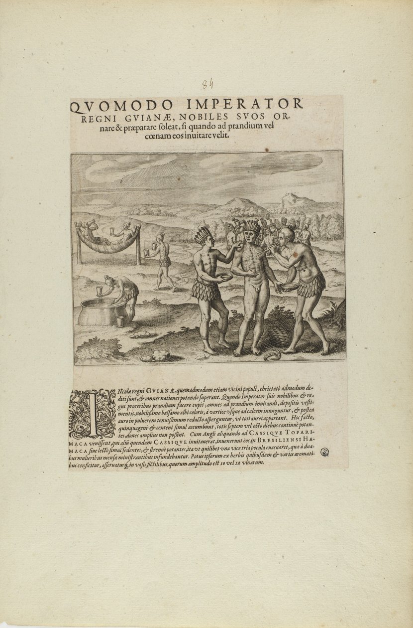 Quomodo Imperator/Regni Guianae, Nobiles Suos Or-/Nare.... (del libro, Americae, partes siete y ocho) de Theodor de Bry