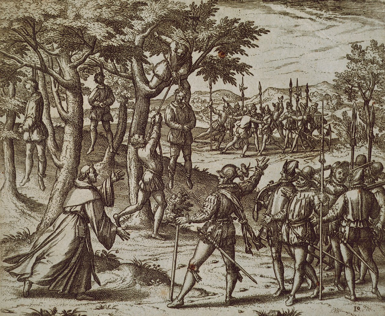 Sentencia a la horca de algunos hombres de Cristóbal Colón en el Nuevo Mundo, por Theodore de Bry de Theodor de Bry