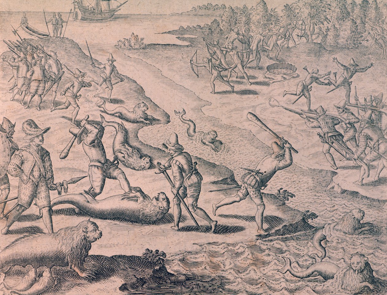 Matanza de leones marinos por parte de los exploradores de Theodor de Bry