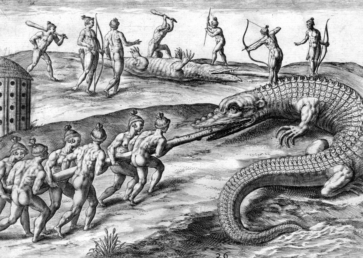 Indígenas timucanos cazando caimanes de Theodor de Bry