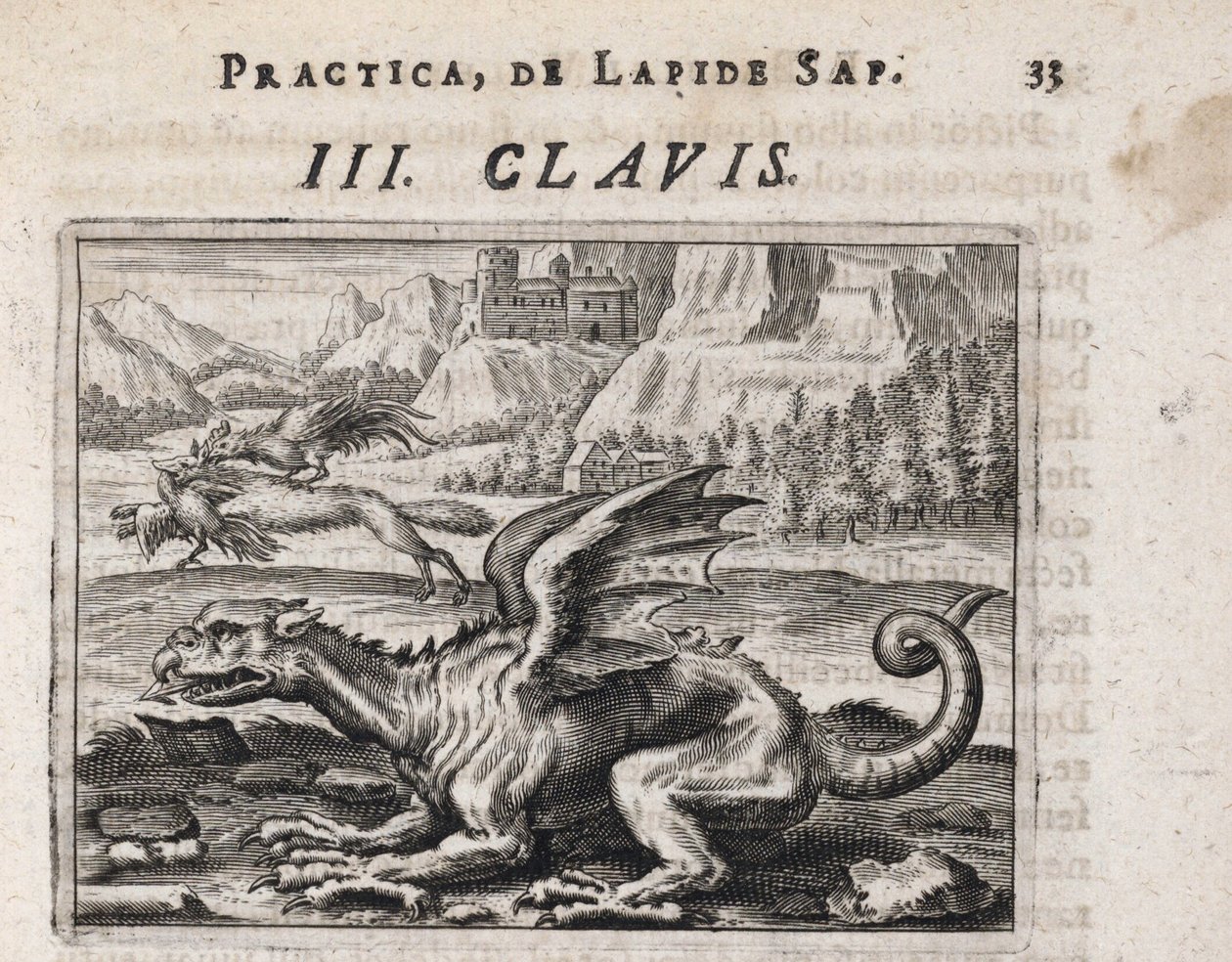 Un dragón, al fondo, un lobo ladrón de gallinas, atacado por un gallo - Grabado de Theodore de Bry (1528-1598), para el tratado de alquimia ""Tripus avreus, hoc est, Tres tractatus chymici selectissimi" " de Michael Maier (1569-1622) de Theodor de Bry