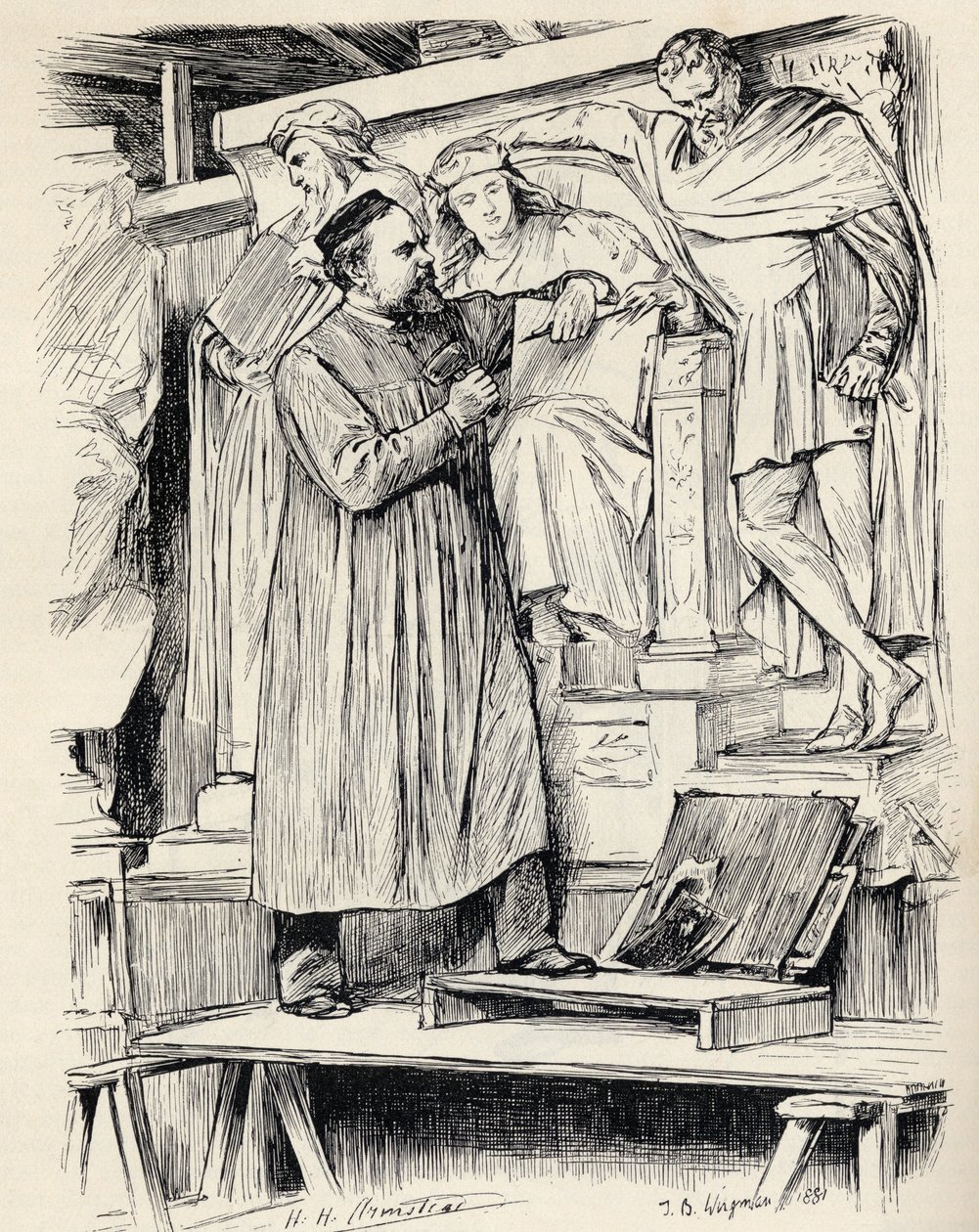 Armstead trabajando, grabado basado en un dibujo de Wirgman, de 