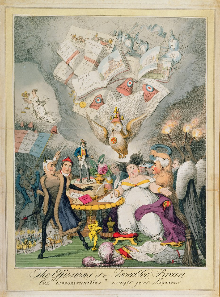 Las efusiones de un cerebro perturbado, o las malas comunicaciones corrompen las buenas costumbres, publicado por G. Humphrey, 1821 de Theodore Lane