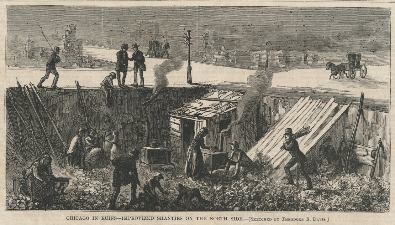 Chicago en ruinas - Chozas improvisadas en el lado norte, ilustración de Harpers Weekly, 1871 de Theodore Russell Davis