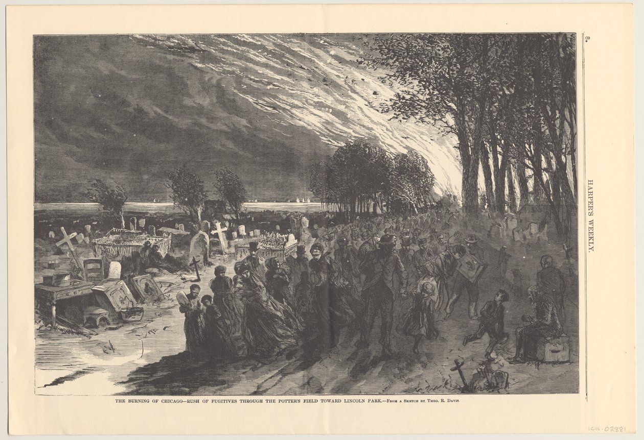 El incendio de Chicago - fuga de fugitivos a través del campo de alfareros hacia el Parque Lincoln, ilustración de Harpers Weekly, 1871 de Theodore Russell Davis