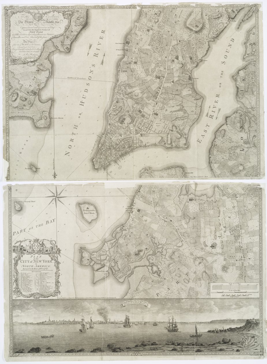 Plano de la ciudad de Nueva York en América del Norte levantado en los años 1766 y 1767 publicado en el Atlas de Faden, 1776 de Theodore de Bry