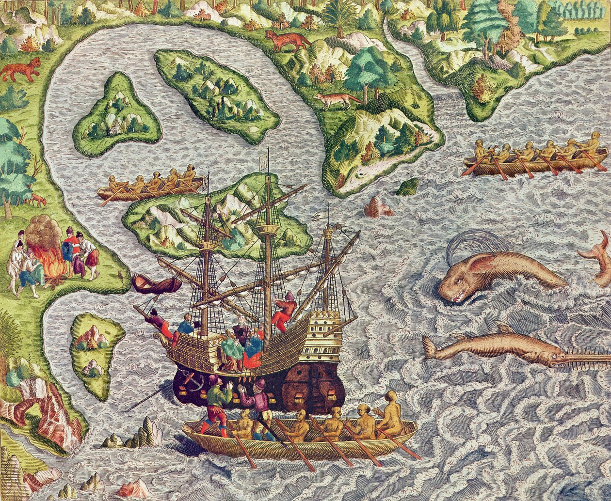 Americae Tertia Pars, abordando nuestro barco con la ayuda de un bote bárbaro (página 333), 1562 de Theodore de Bry
