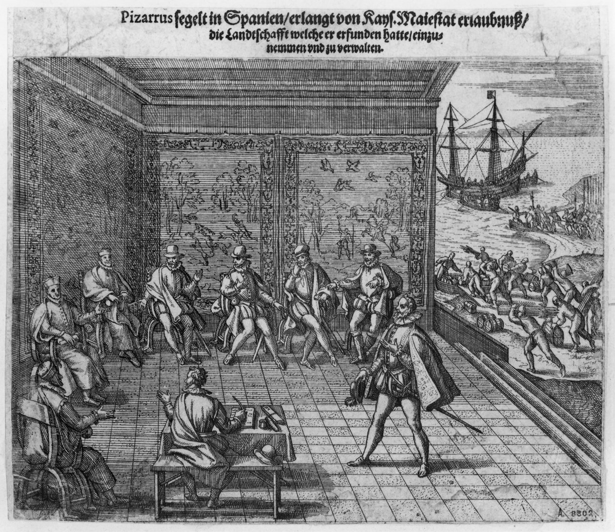 Francisco Pizarro solicitando el apoyo de la corte imperial para el gobierno de Perú de Theodore de Bry