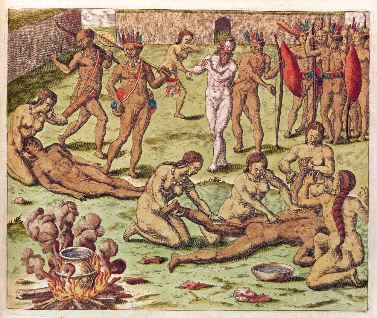 Navigatio in Brasiliam Americae, Inmolación de un bárbaro (página 525), 1563 de Theodore de Bry