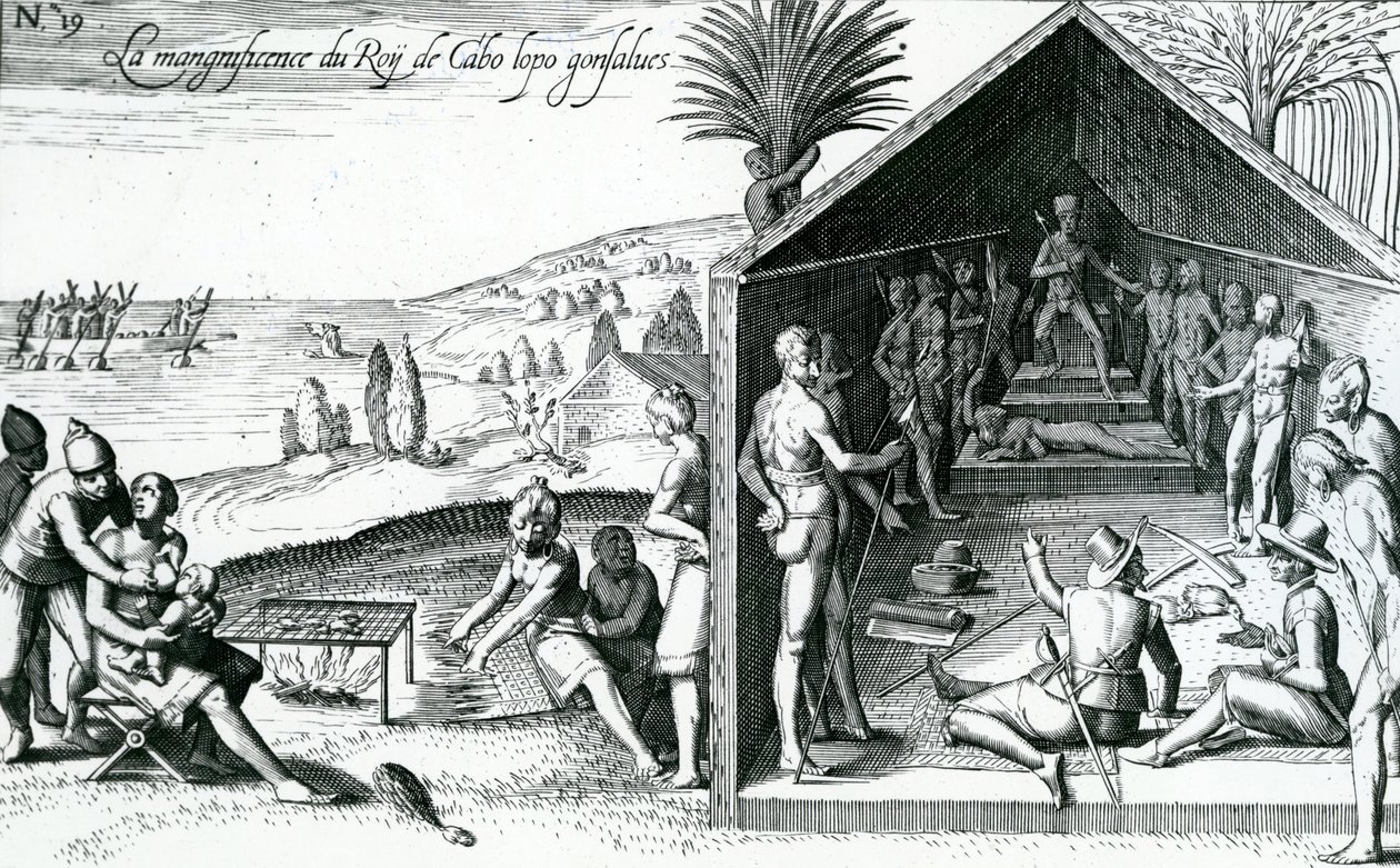 El rey recibiendo visitantes europeos, Cabo López, Gabón, África, siglo XVI de Theodore de Bry
