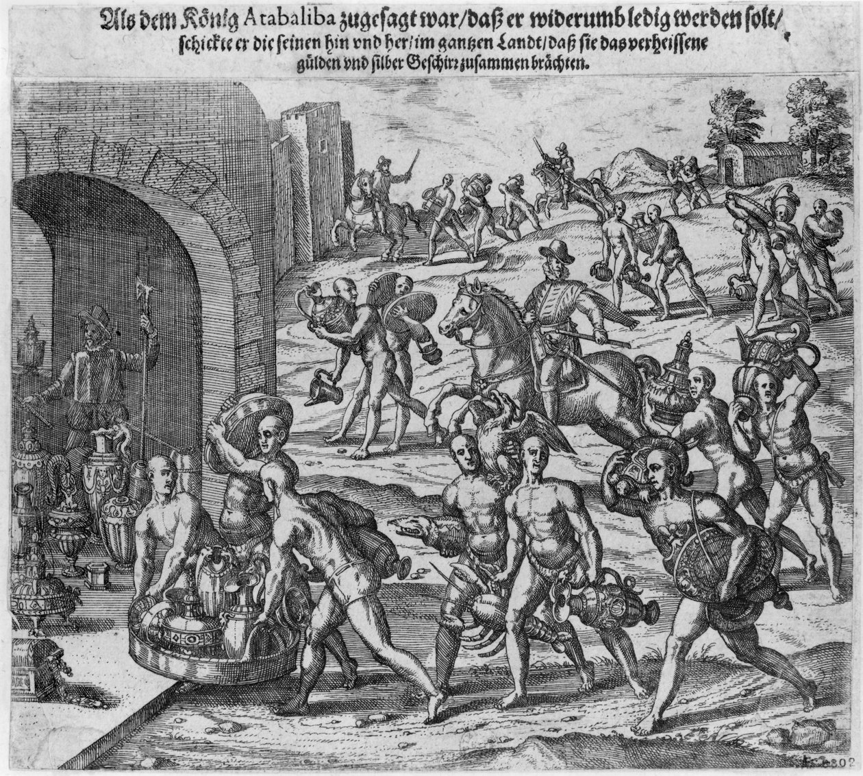 El rescate que el rey Atahualpa (c.1502-33) ofreció a Francisco Pizarro, 1533 de Theodore de Bry