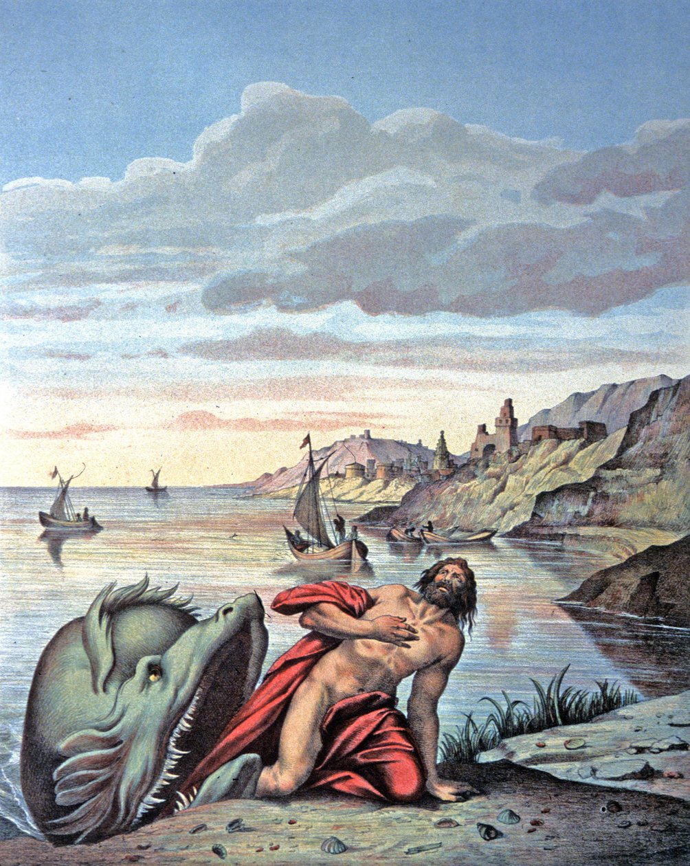 Jonas sale del vientre de la ballena, mediados del siglo XIX (ilustración) de Theodore (after) Amst