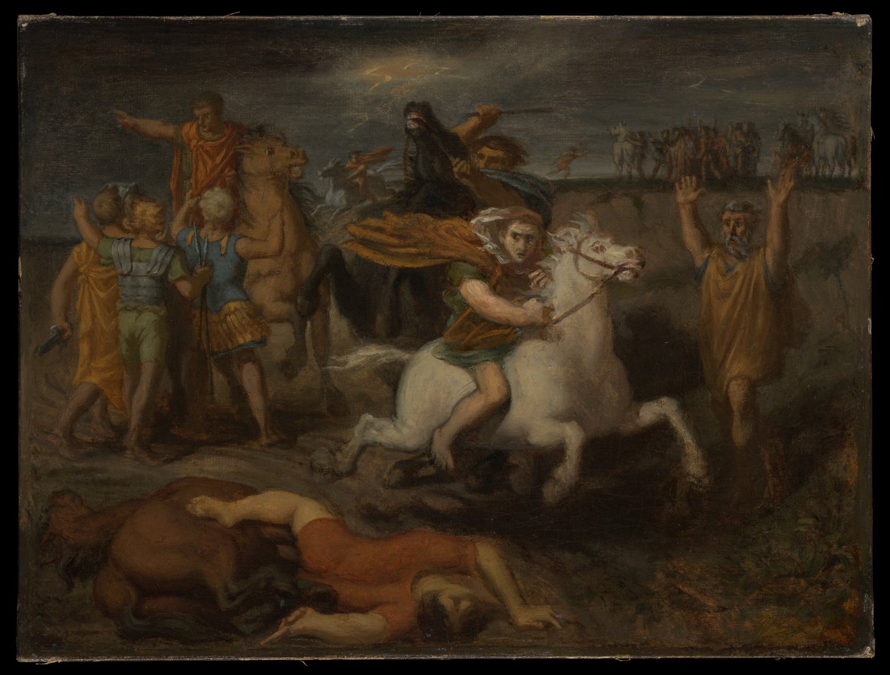 Escena de la Guerra de las Galias: el galo Littavicus, tras traicionar la causa romana, huye a Gergovia para apoyar a Vercingétorix de Théodore Chassériau