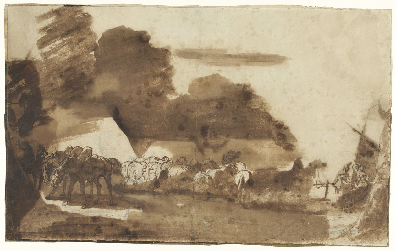 Vivac con caballos y soldados de Theodore Gericault