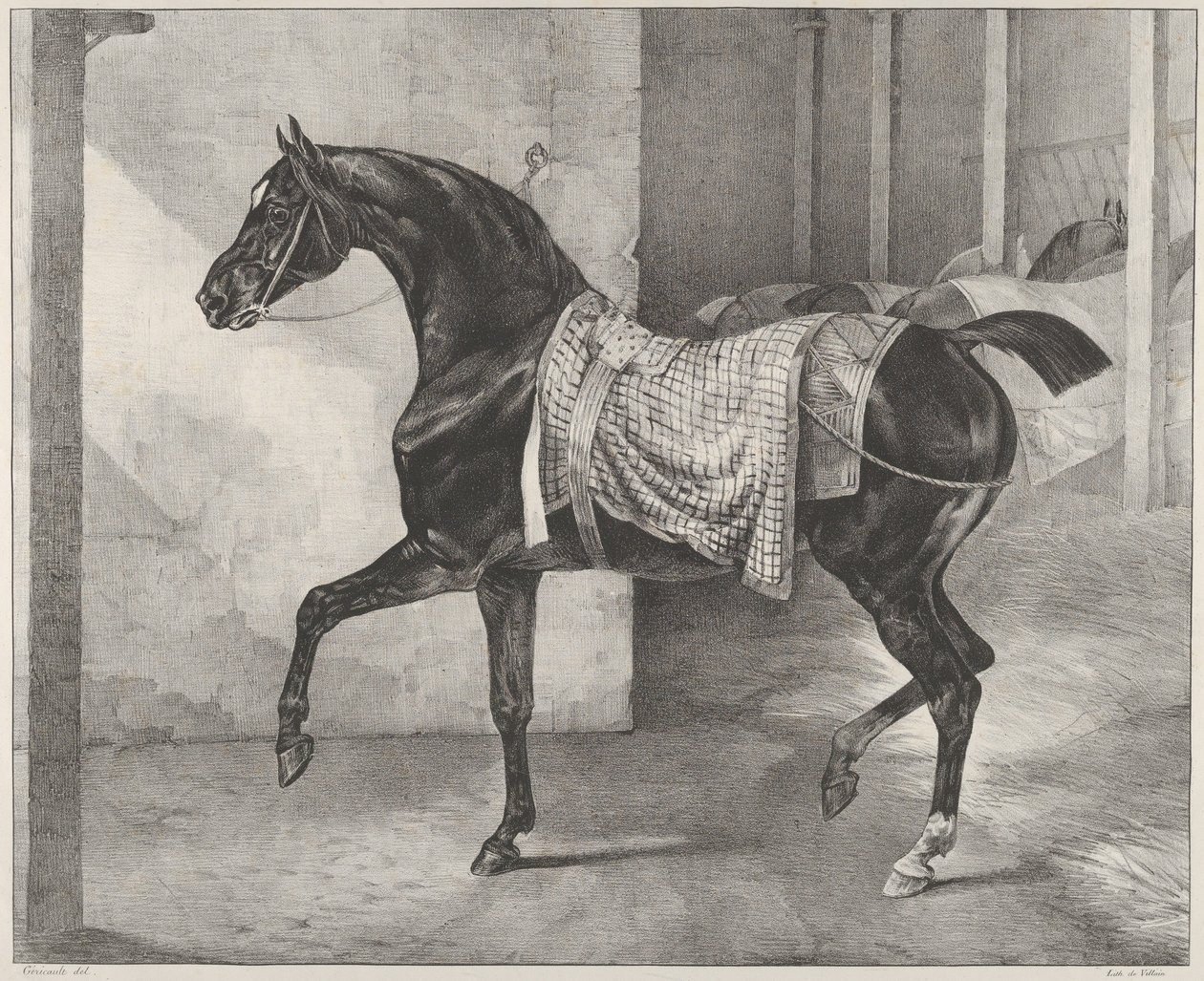 Un caballo negro atado en un establo de Theodore Gericault
