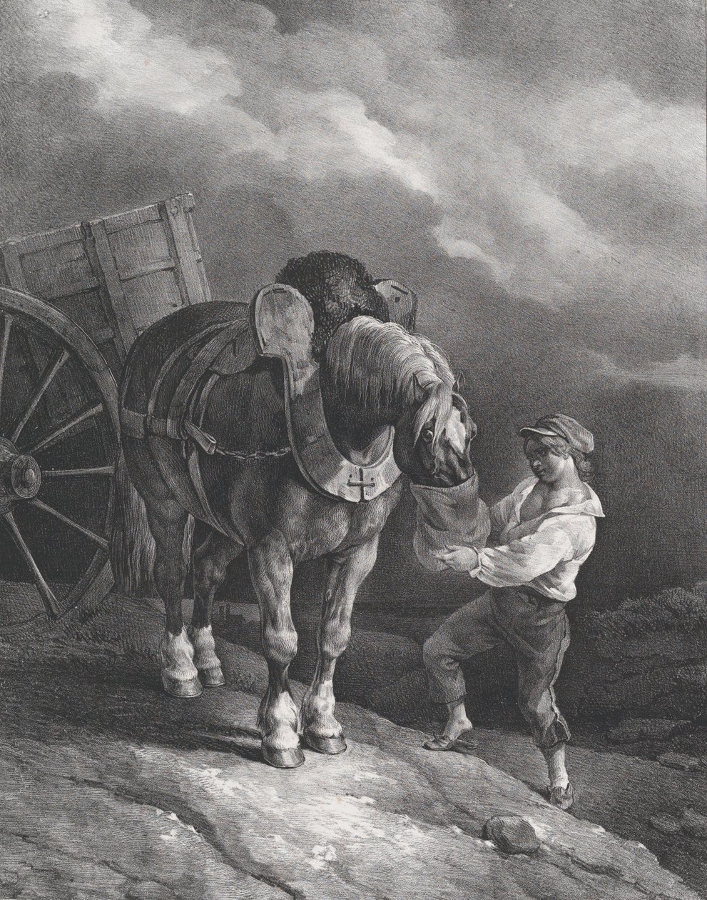 Niño alimentando a un caballo de tiro con una bolsa de nariz, 1822 de Theodore Gericault