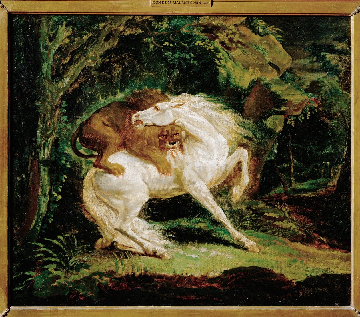 Cheval attaque par un lion - un caballo atacado por un león, según un grabado de Laurie y una pintura de George Stubbs ... de Theodore Gericault