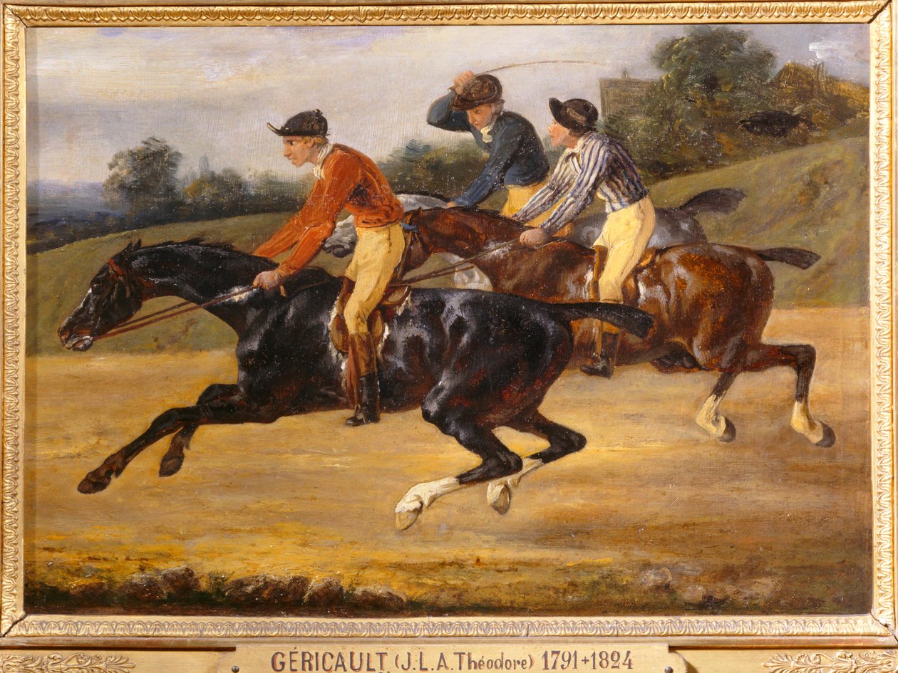 Carrera de caballos a caballo, yendo a la izquierda en la salida - Carrera de caballos ... de Theodore Gericault