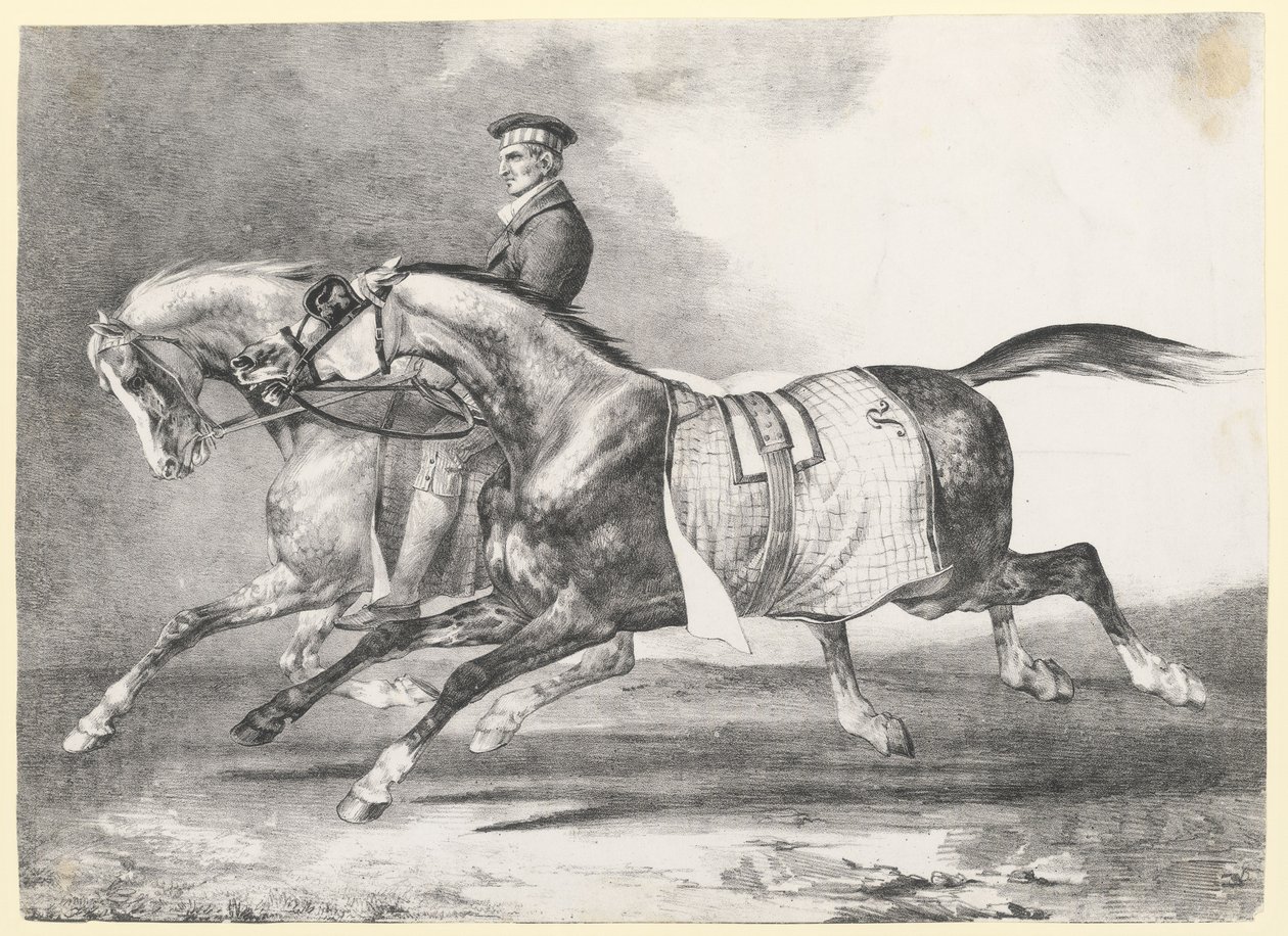 Dos caballos grises moteados a los que se saca a pasear (Two Dapple-Grays Being Exercised) de Theodore Gericault