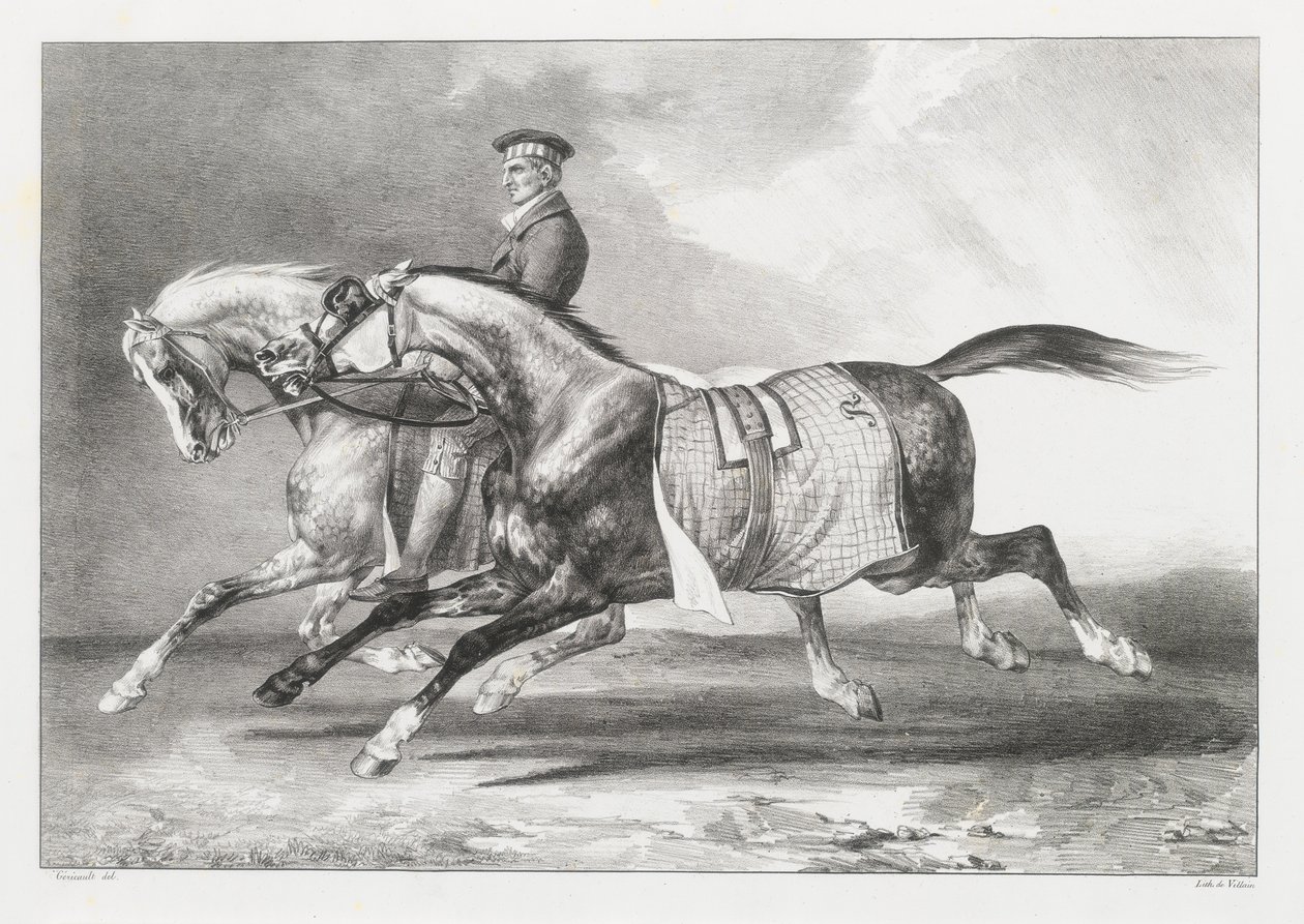 Dos caballos grises moteados a los que se saca a pasear (Two Dapple-Grays Being Exercised) de Theodore Gericault